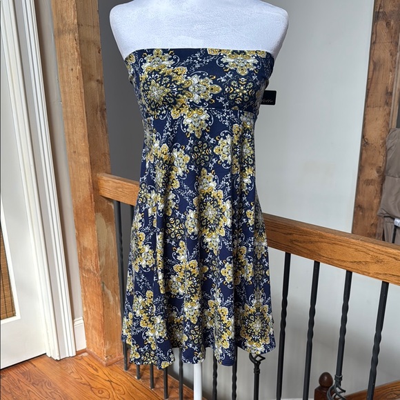 COLETTE Navy Blue Yellow medallion print Floral Skirt or strapless mini dress - Picture 3 of 5